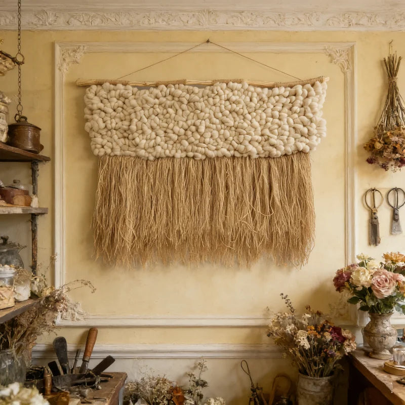 tapis suspendu boho franges boules laine tapisserie murale artisanal beige clair coton polyesterintérieur décoration