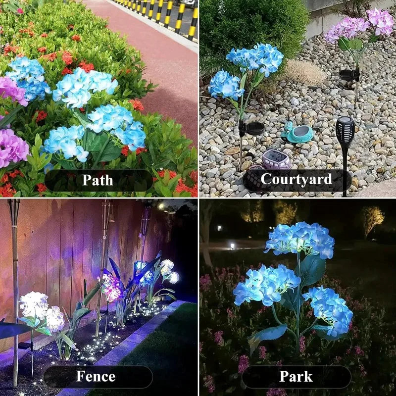 lampe solaire bleue rose blanche violette fleurs hortensias piquet métallique extérieur moderne