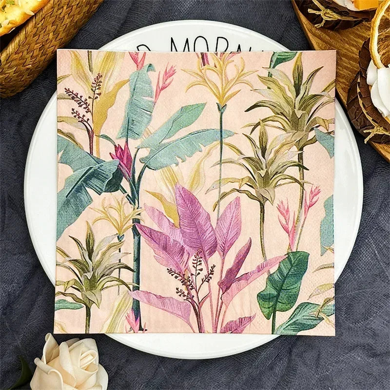 serviettes papier imprimées motif floral moderne 33cm rose clair vert bleu violet tropicales 20pcs