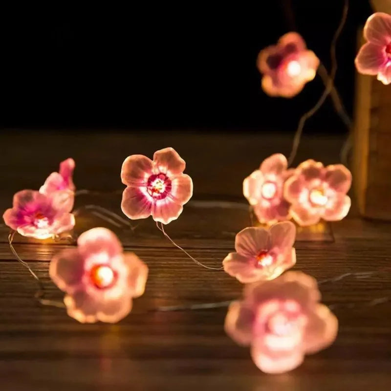 guirlande lumineuse fleurs roses blanches moderne extérieure auto batterie LED