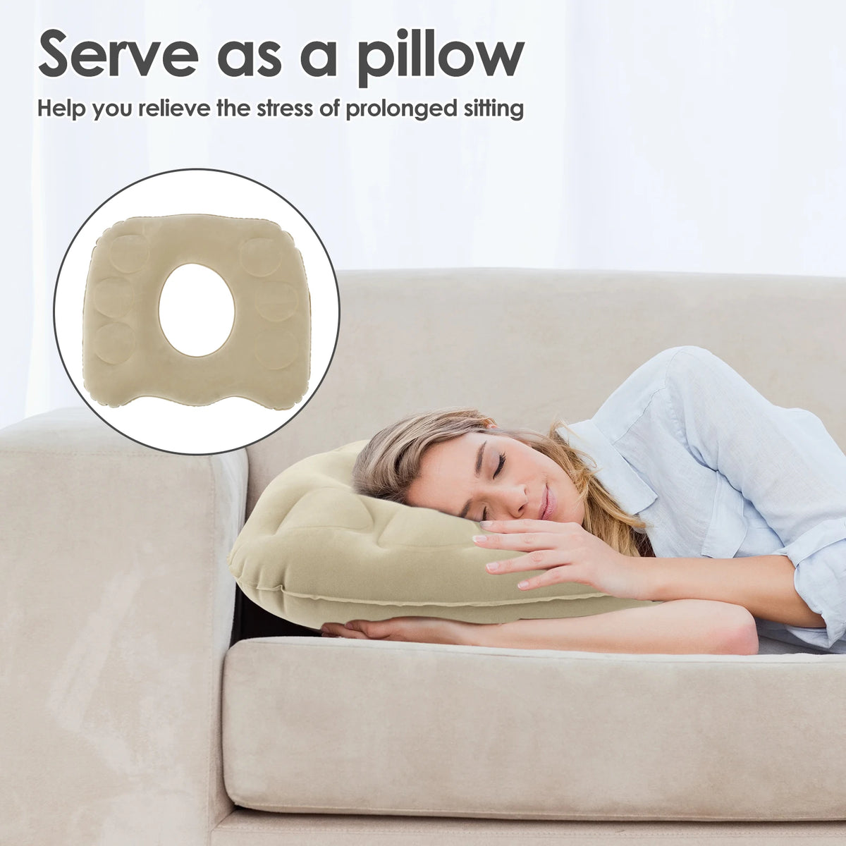 coussin gonflable forme beignet anti décubitus massage eau pvc beige clair doublure confortable ergonomique