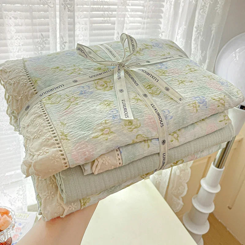 ensemble literie fleuri coton 100% blanc pastel romantique taies d'oreiller drap plat