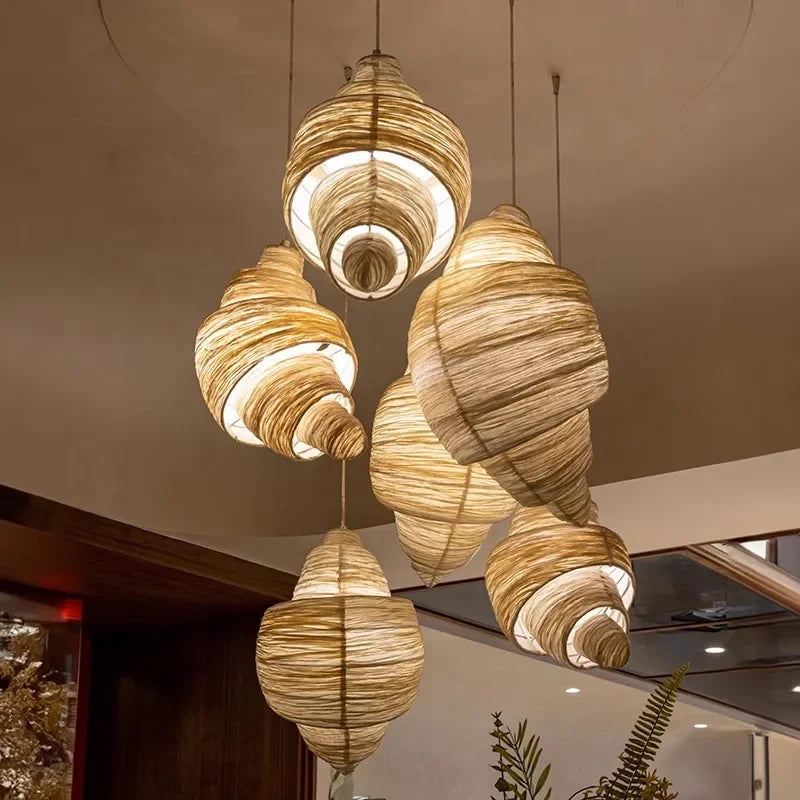 suspension lumineuse tissu spirale moderne beige marron clair câble suspendu chambre salon étude