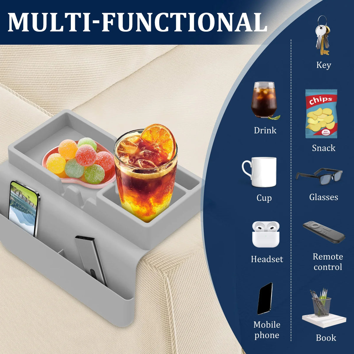 plateau accoudoir canapé silicone gris blanc rangement téléphone télécommande boissons collations modernes utilitaires