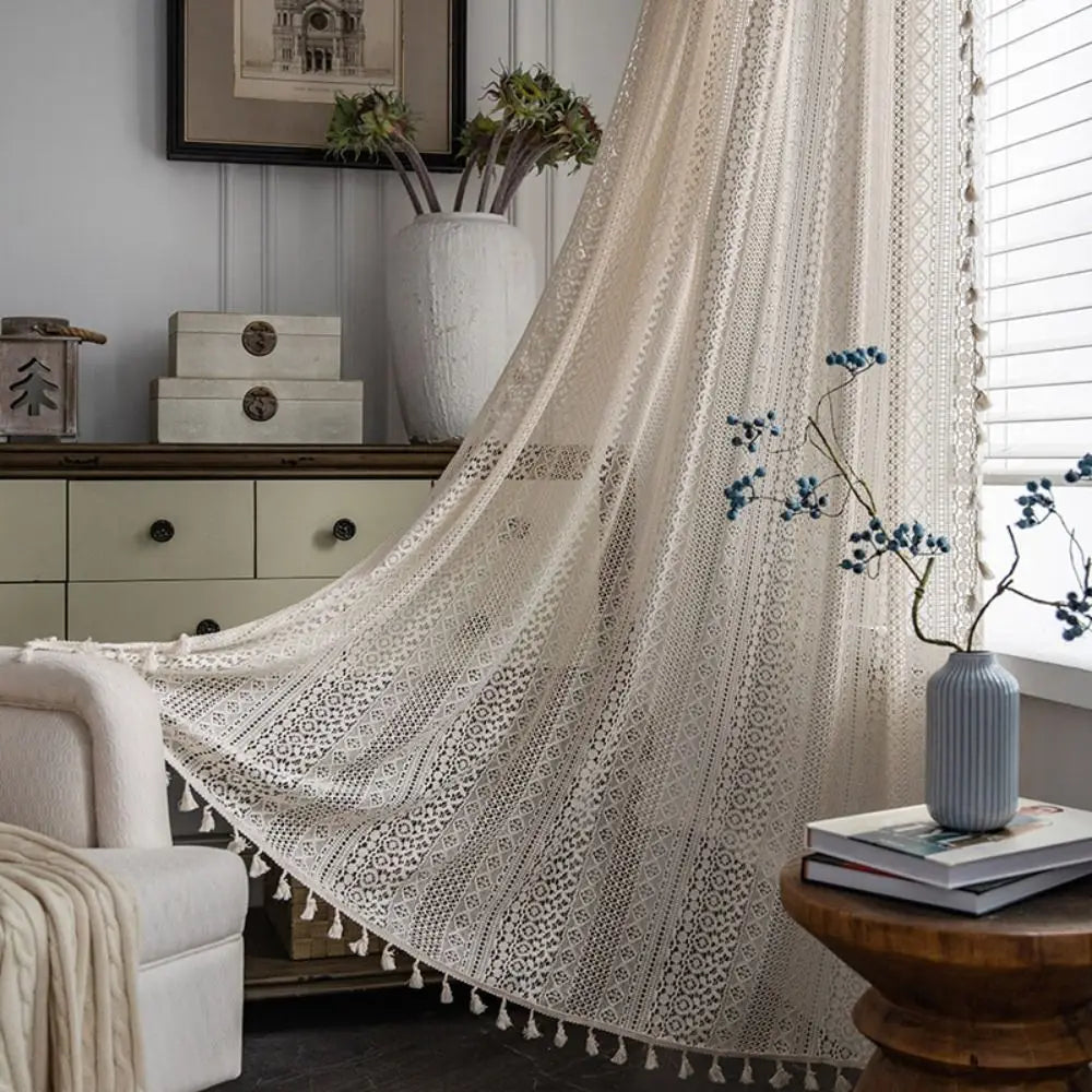 rideau boho chic coton beige clair dentelle semi transparent franges européennes