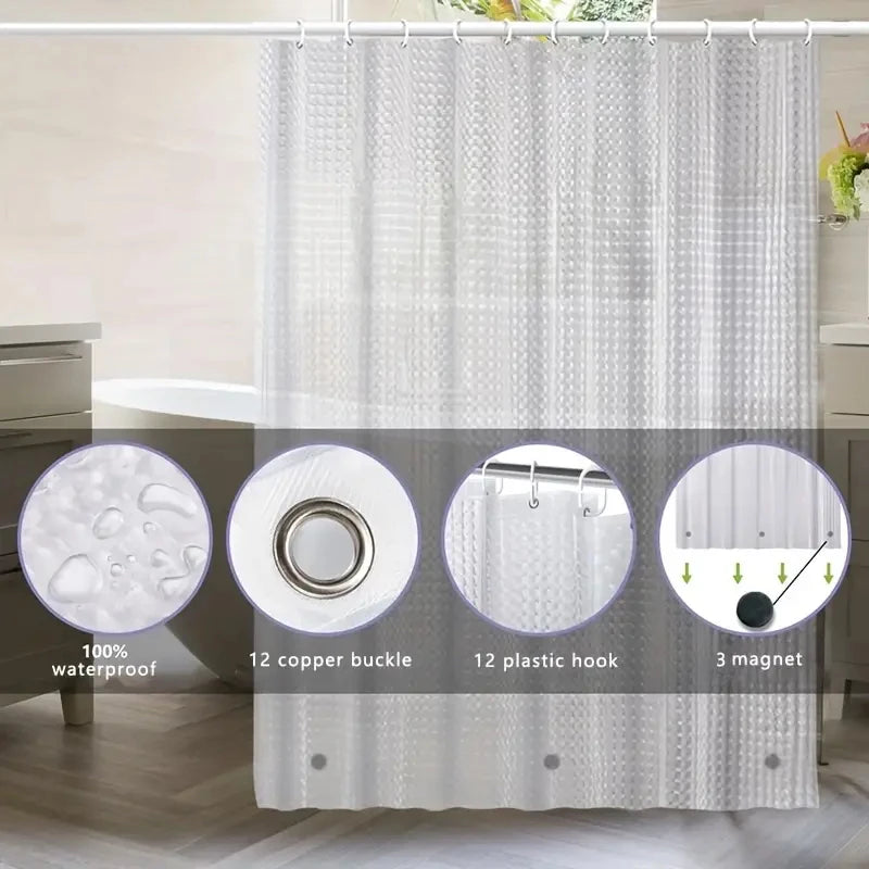 rideau douche transparent carreaux géométriques moderne aimants métal inoxydable respectueux environnement