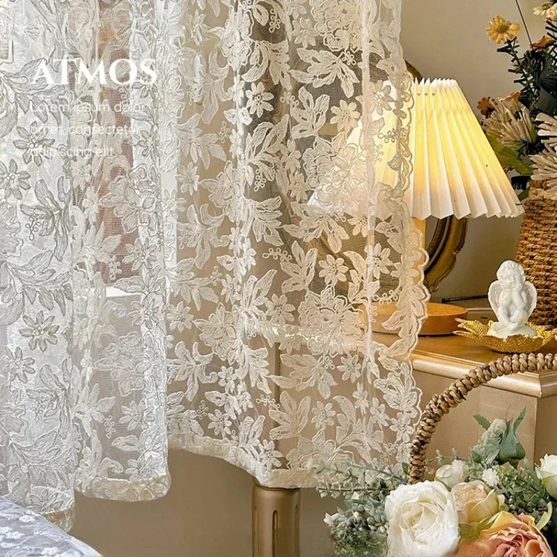 rideau tulle blanc floral dentelle transparent classique moderne chambre salon polyester