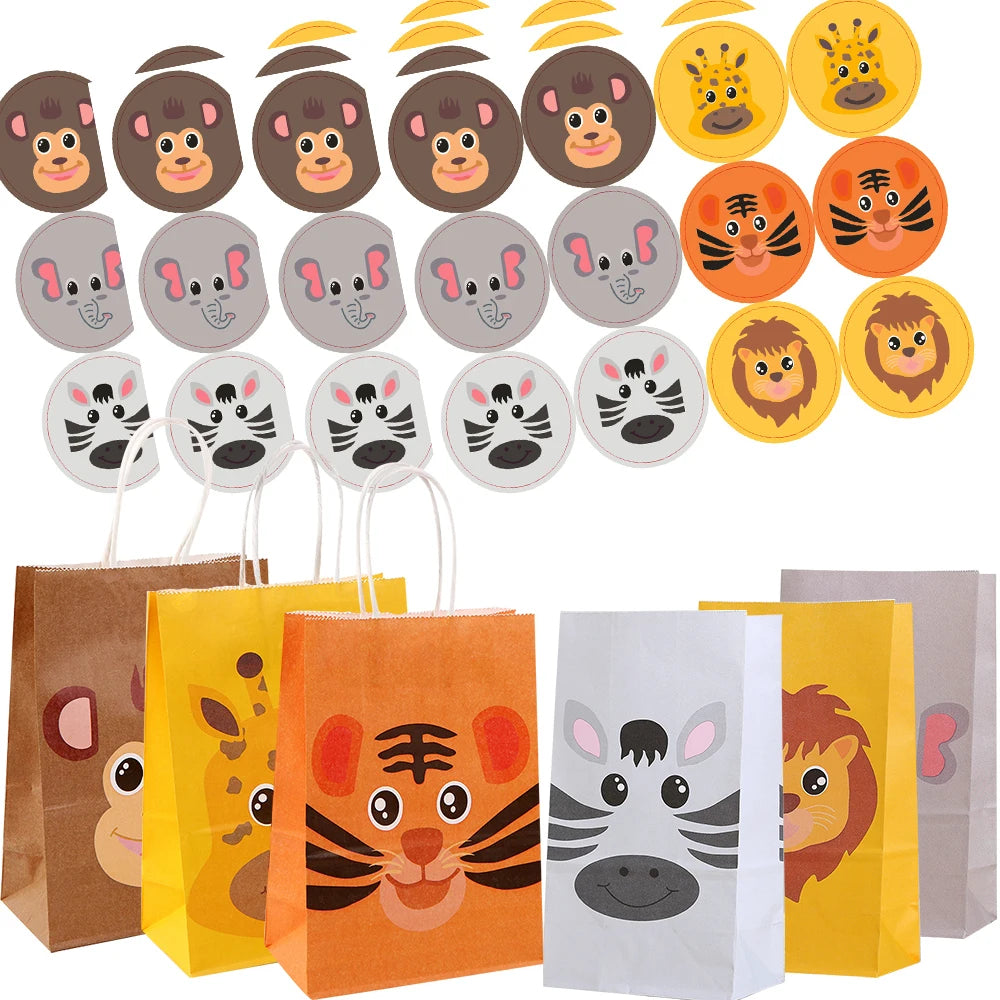 sacs papier animaux cartoon poignées blancs tigre zèbre girafe elephant enfants fêtes anniversaires