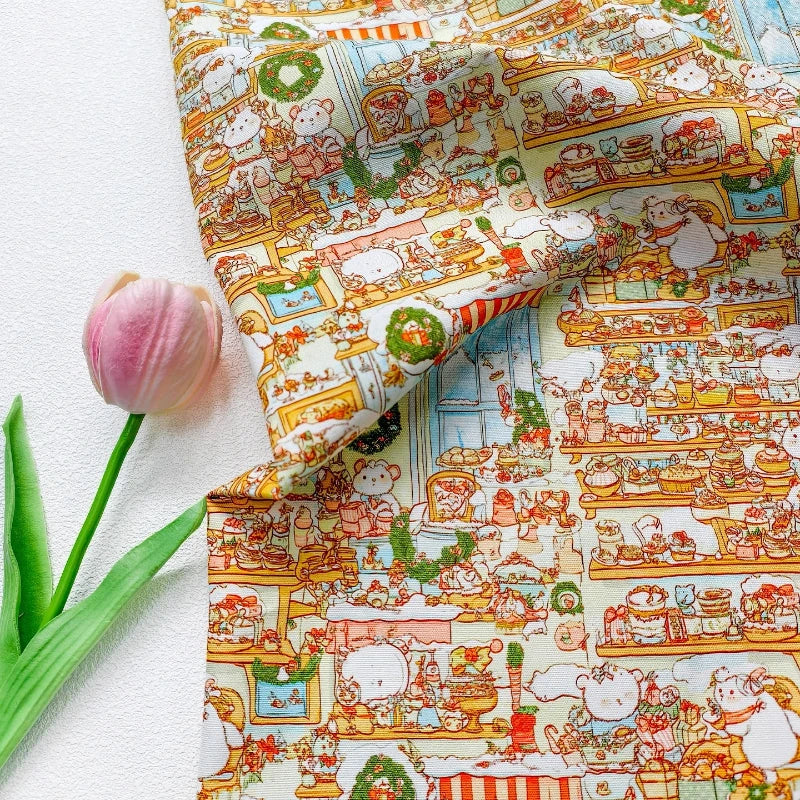 tissu coton imprimé personnages noël blanc orange vert bleu rouge illustratif cartoon festive market