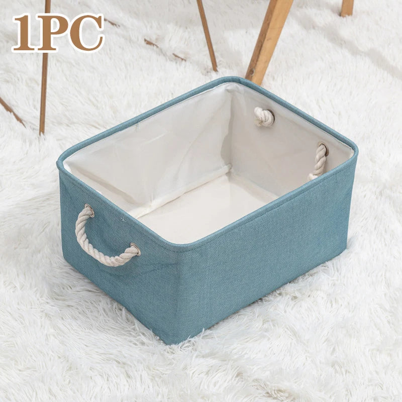 paniers rangement toile lin gris bleu rose beige pliables réutilisables moderne rustique poignées corde