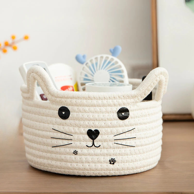 panier rangement créatif réutilisable blanc rose jaune vert bleu visage chat brodé enfantin respectueux