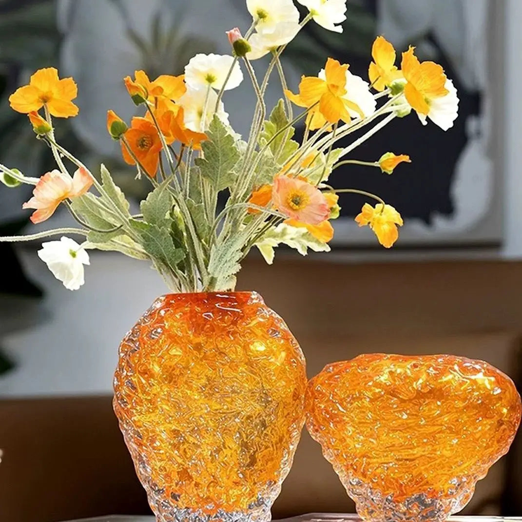 vase verre moderne orange jaune blanc texturé branches poppies décoration salon chambre
