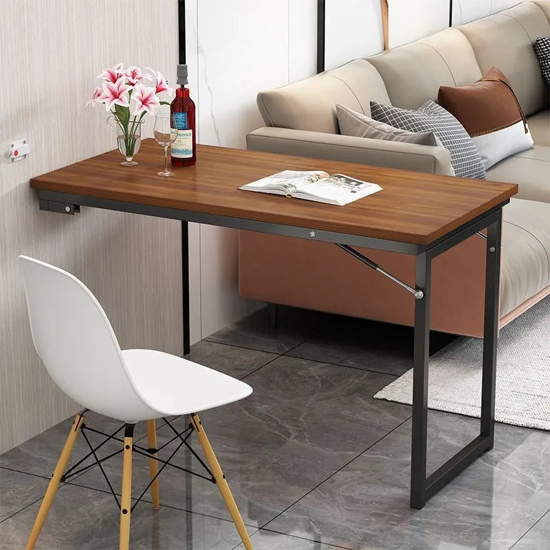 table pliable industrielle bois foncé métal noir texture bois naturelle vis fixations moderneextérieurcarrépliantemurale