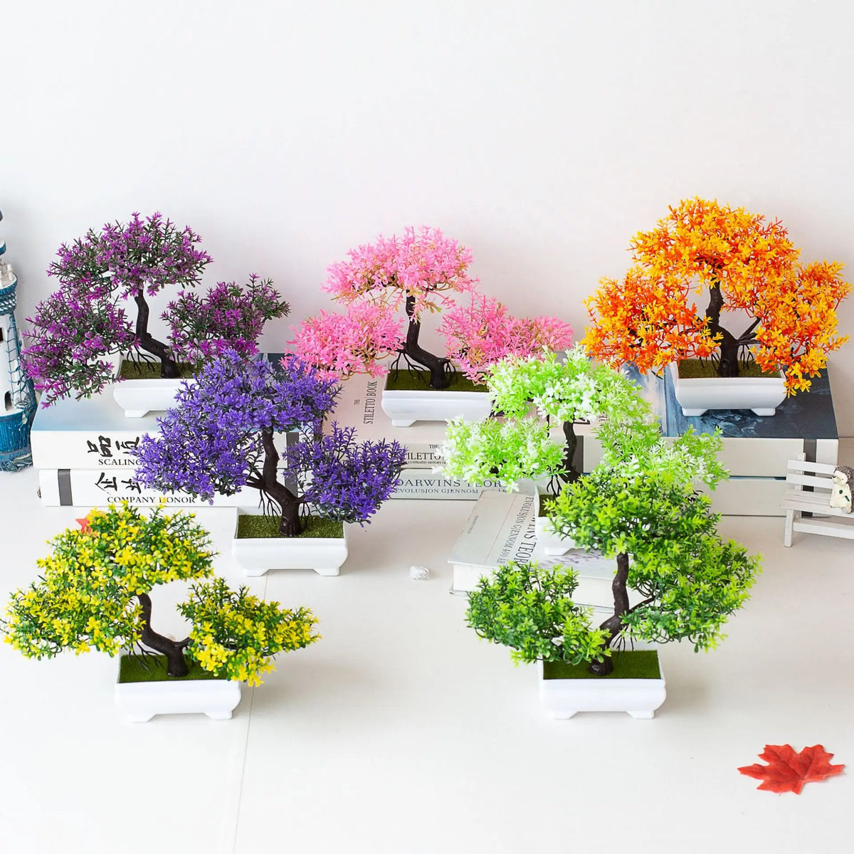 Bonsaï artificiel rose violet vert orange feuilles fines pot blanc mousse verte décoration intérieure