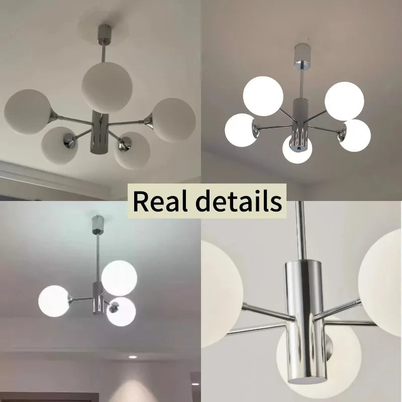 chandelier moderne minimaliste argenté blanc plusieurs têtes verre opalescent fixé réglable