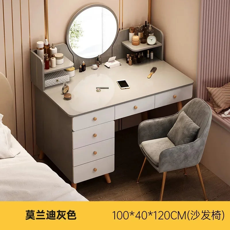 maquillage moderne tiroirs miroir plateau gris tiroirs blancs pieds bois naturel