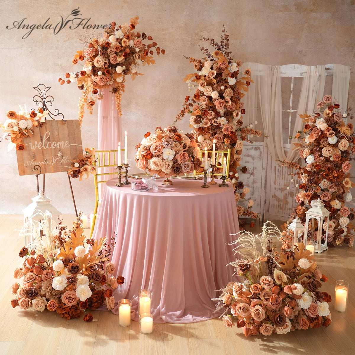 bouquet fleurs artificielles roses orange beige blanc feuilles séchées décoration mariage fête romantique