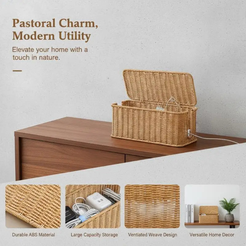panier marron clair tressé moderne rangement chargeur usb câble smartphone maison