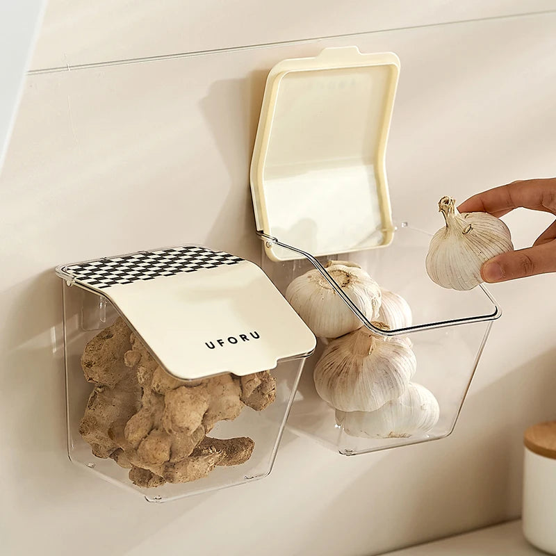 boîtes rangement murales adhésives transparentes carreaux blancs moderne épices aliments cuisine imperméables minimaliste