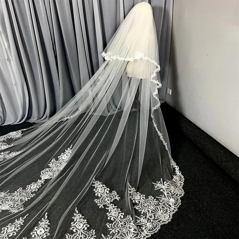 voile mariée deux couches blanc broderie florale bord dentelle classique 3m translucent
