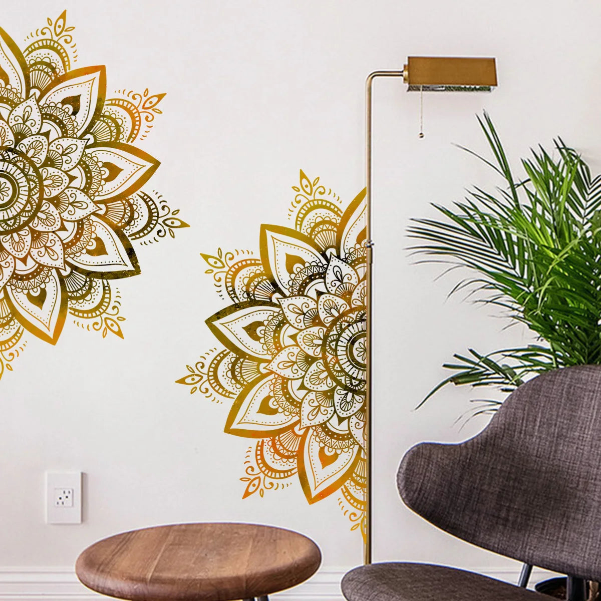 sticker mural mandala complexe doré beige ethnique boho chic adhésif salon chambre décoration murale