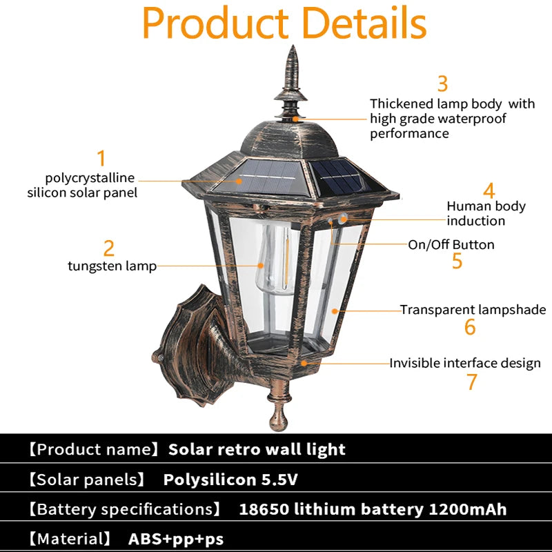lampe murale solaire transparente vintage noir ampoule tungstène panneau polycristallin led ip65extérieur chemin jardin
