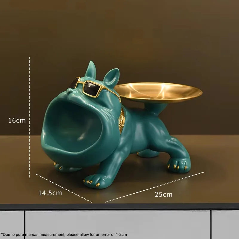décoration maison sculpture bulldog résine plateau rangement moderne humoristique vert foncé orange