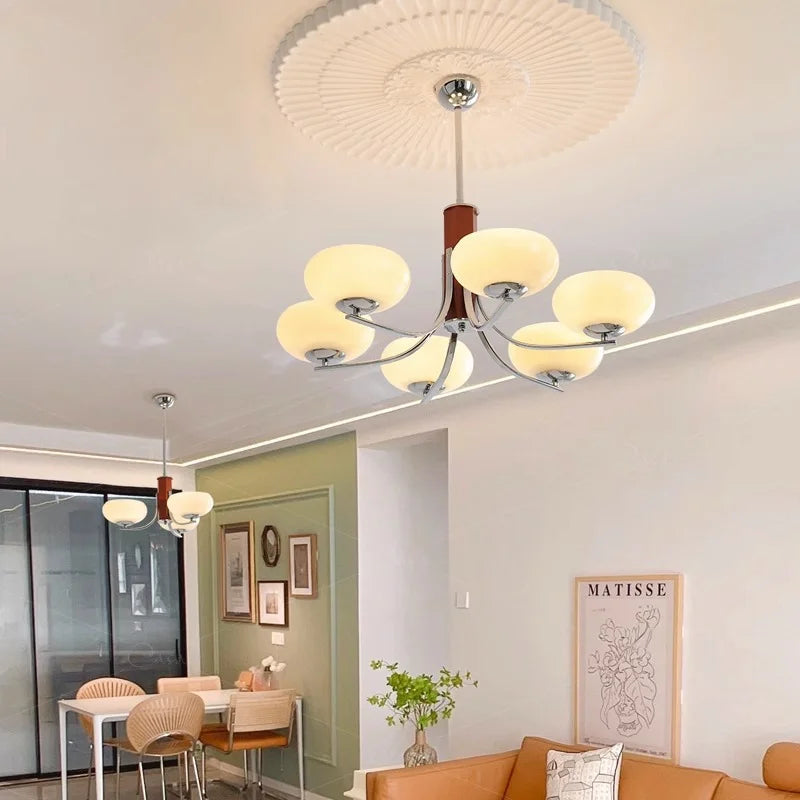 lustre moderne suspension bois abat jour blanc chrome ampoules led tactile