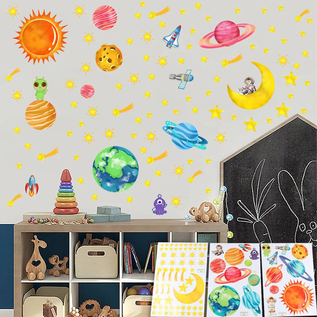 Stickers muraux planètes étoiles fusées astronautes enfants bleu vert illustratifs glow dark chambre bedroom
