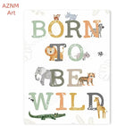 affiche toile animaux jungle lion zebre elephant decor chambre enfant cartoon beige vert