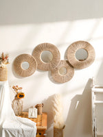 miroir mural rond tressé boho chic couleur beige noir blanc deco chambre salon