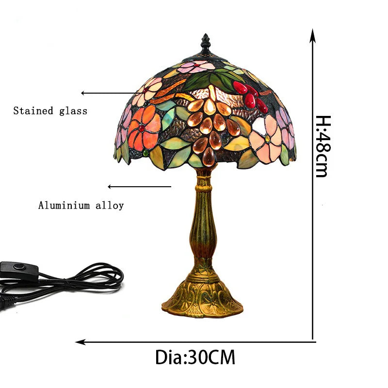 lampe table tiffany multicolore floral vitrail traditionnelle interrupteur poussoirOpaque base solide chambre salon