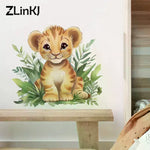 sticker mural lionceau illustration orange feuilles adhésif enfant salon décoration maison Podserviced by Qwen