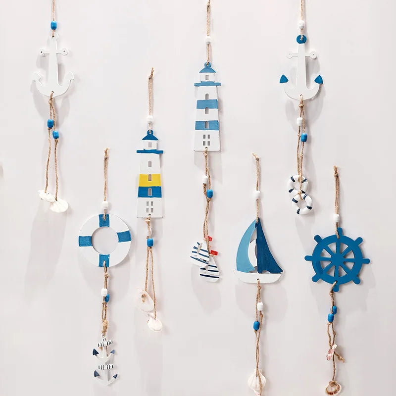 décorations murales thème marin bois bleu blanc ancres phares voiles roues navire coquillages étoiles