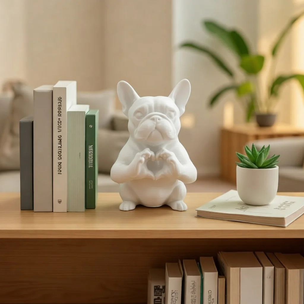 statue chien bouledogue français blanc noir moderne résine décorative intérieur tableaux plantes livres