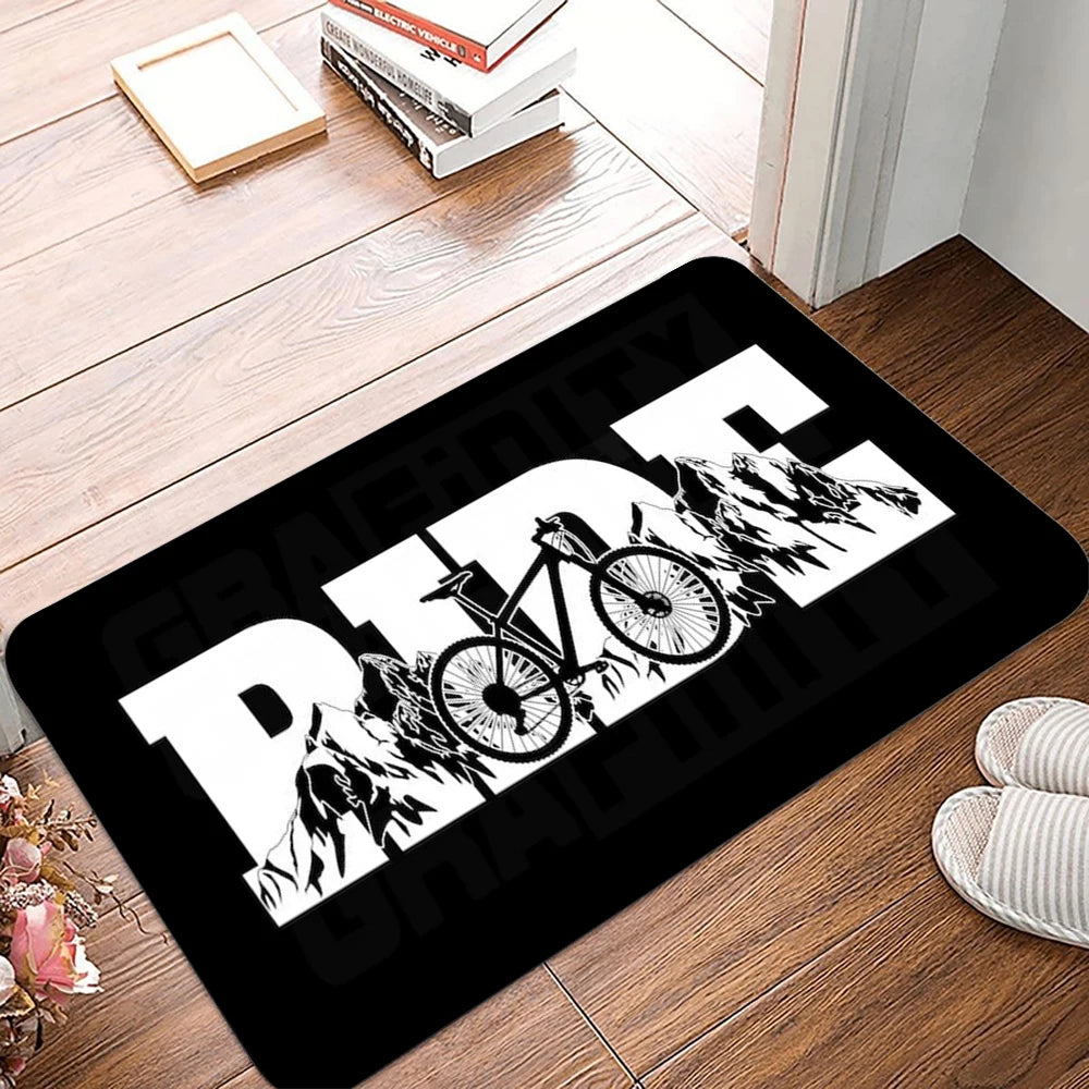 tapis sol moderne motif vélo texte ride mtb downhill noir blanc