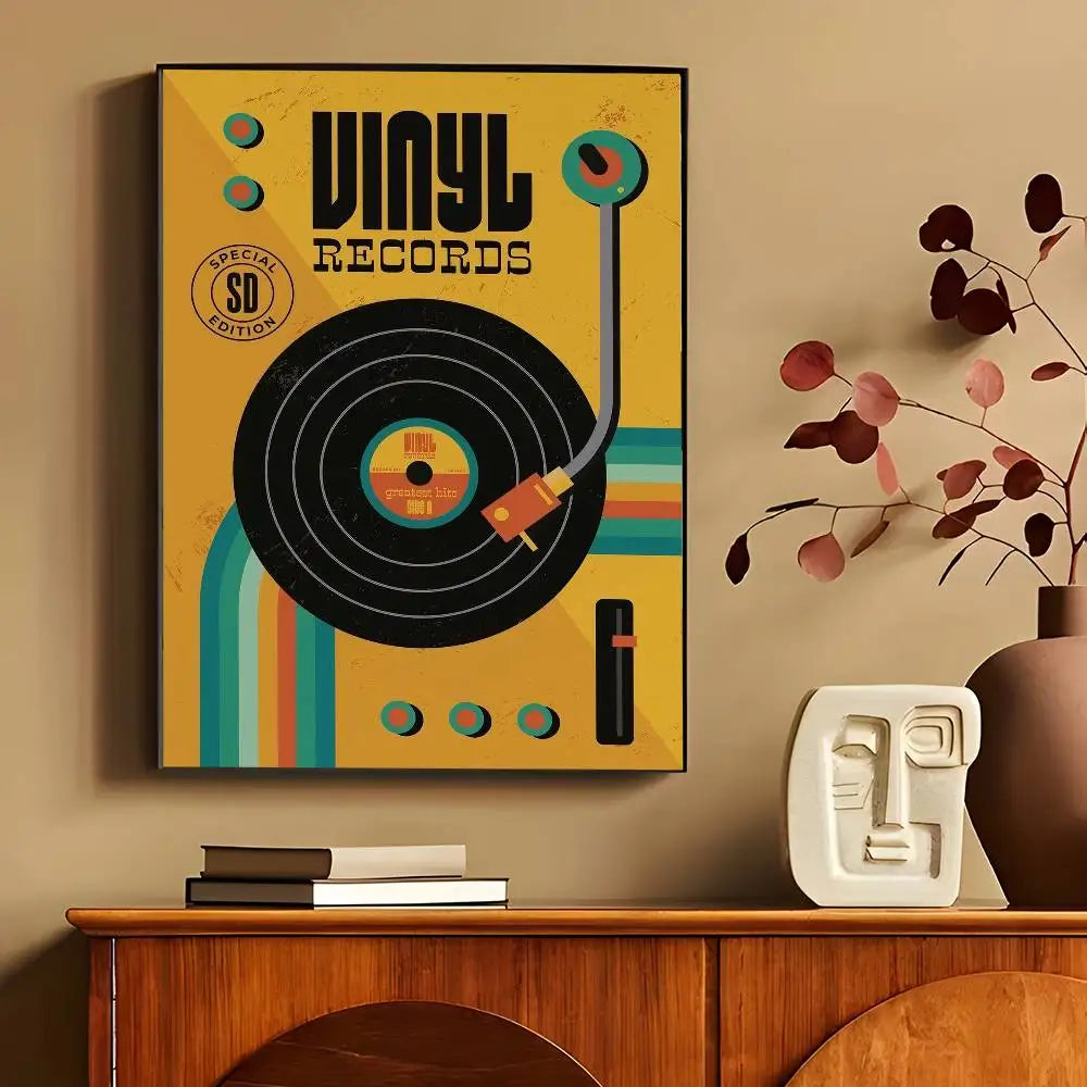 affiches murales vintage rétro disques vinyle illustration cassette audio chambre décoration noire orangée