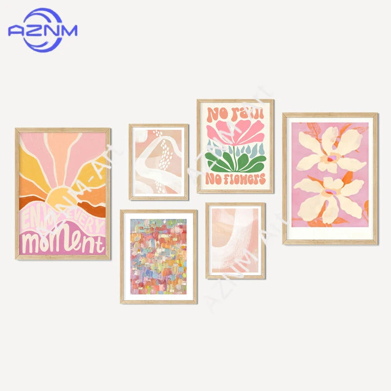 affiche murale toile fleurs abstraites moderne décoration salon minimaliste rose jaune vert blanc