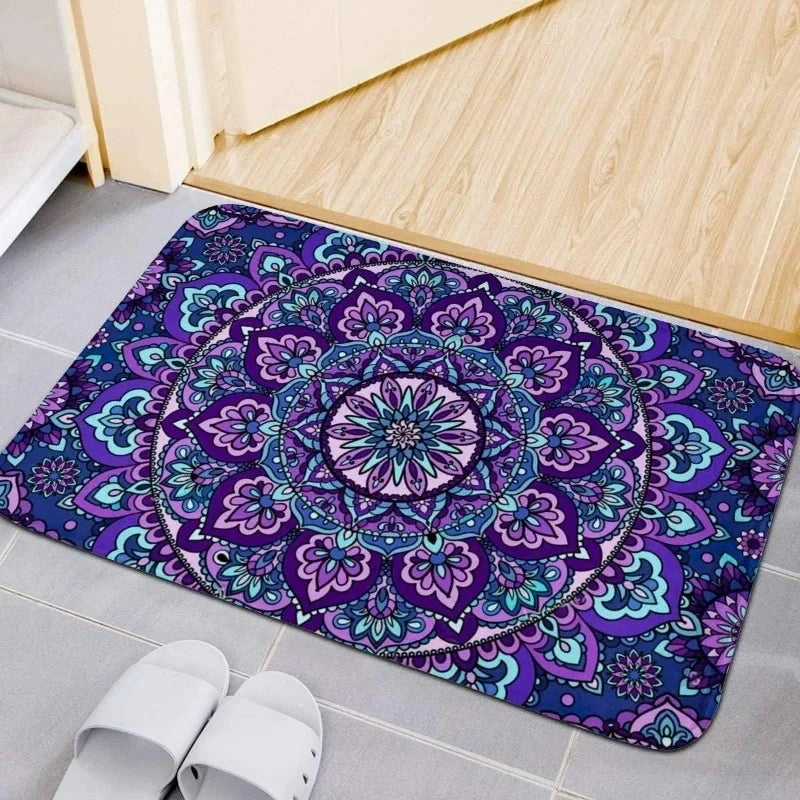 tapis sol moderne motifs floraux tribaux violet rouge beige bleu noir