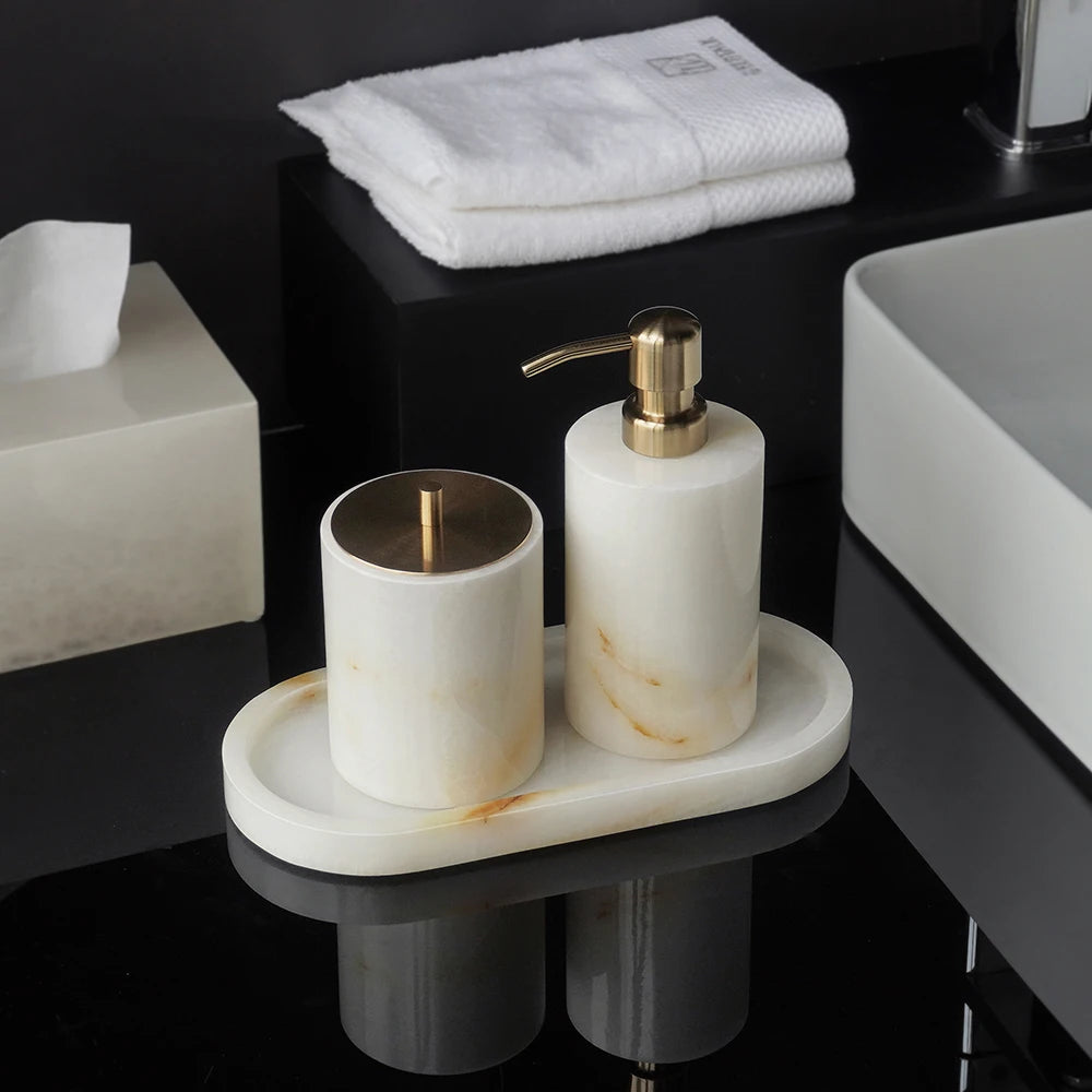 ensemble accessoires salle bain marbre blanc onyx distributeur savon plateau pot brosse dents