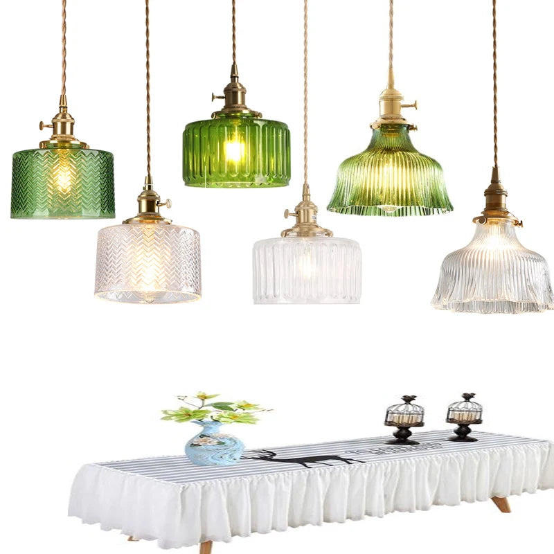 suspension lumineuse verre vert doré rayures zigzag moderne vintage salon cuisine salle manger