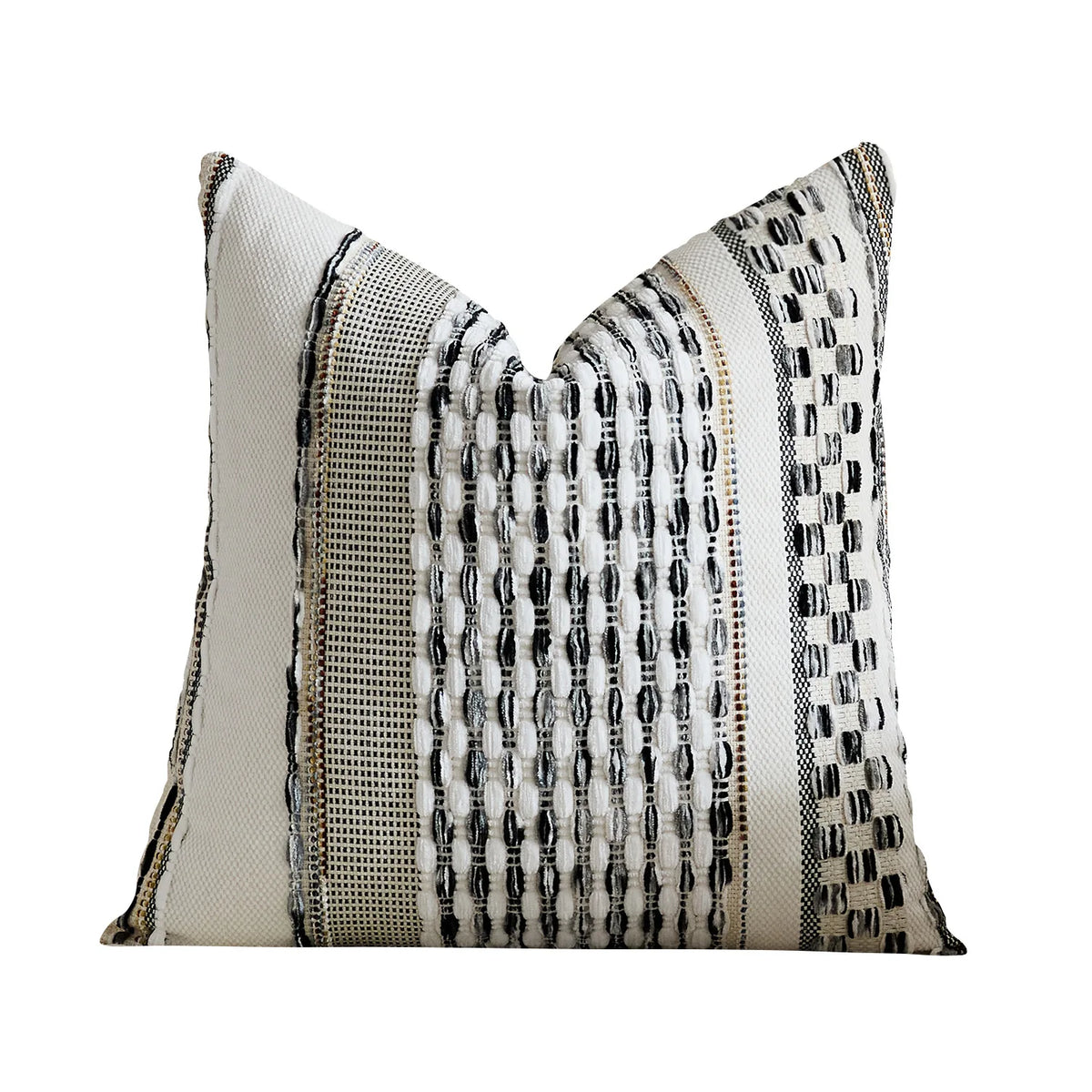 housse coussin carré brodé moderne rayures géométriques polyester blanc gris noir marronclair