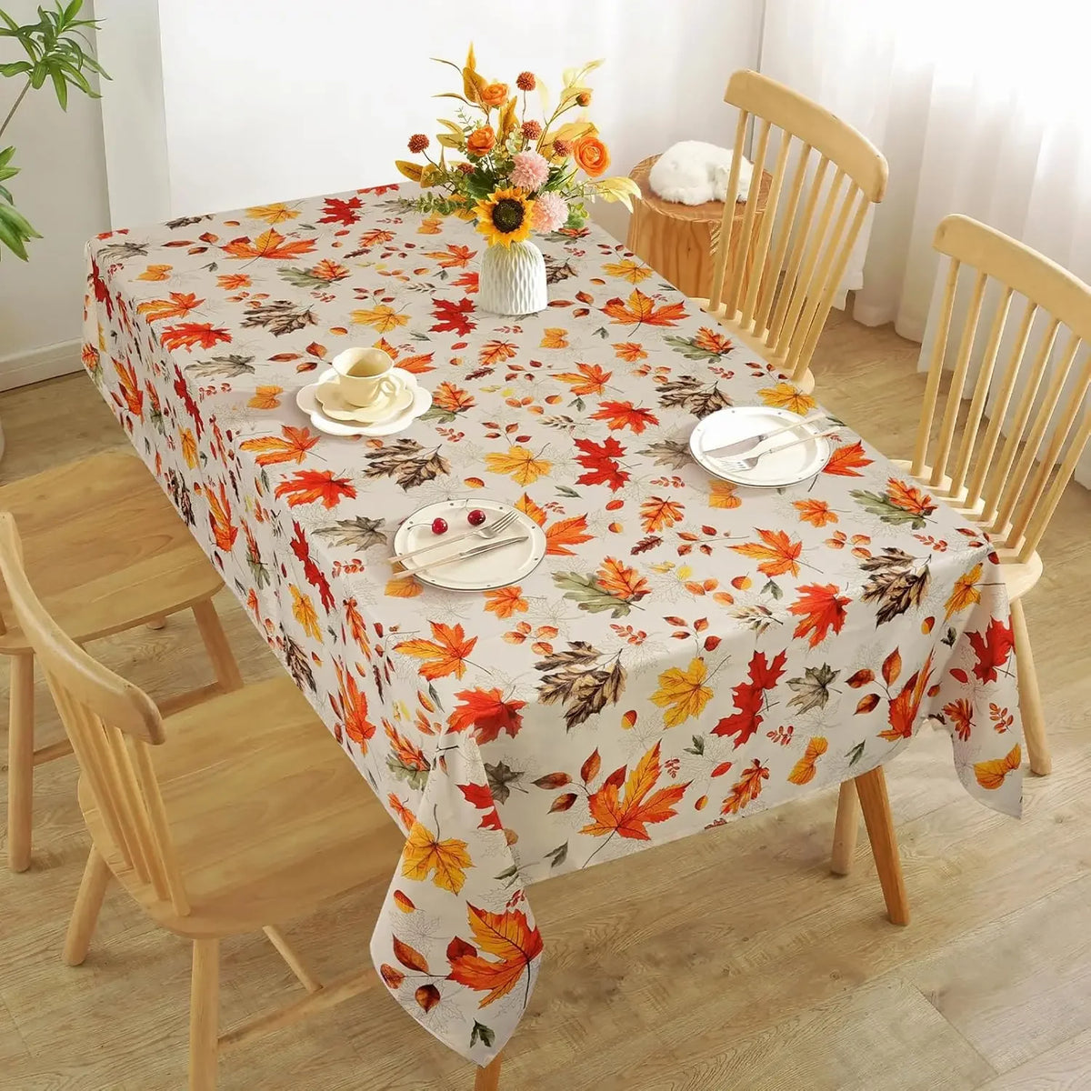 nappe table rectangulaire motif feuilles d'automne fleurs décoration saisonnière mariage fête thanksgiving polyester