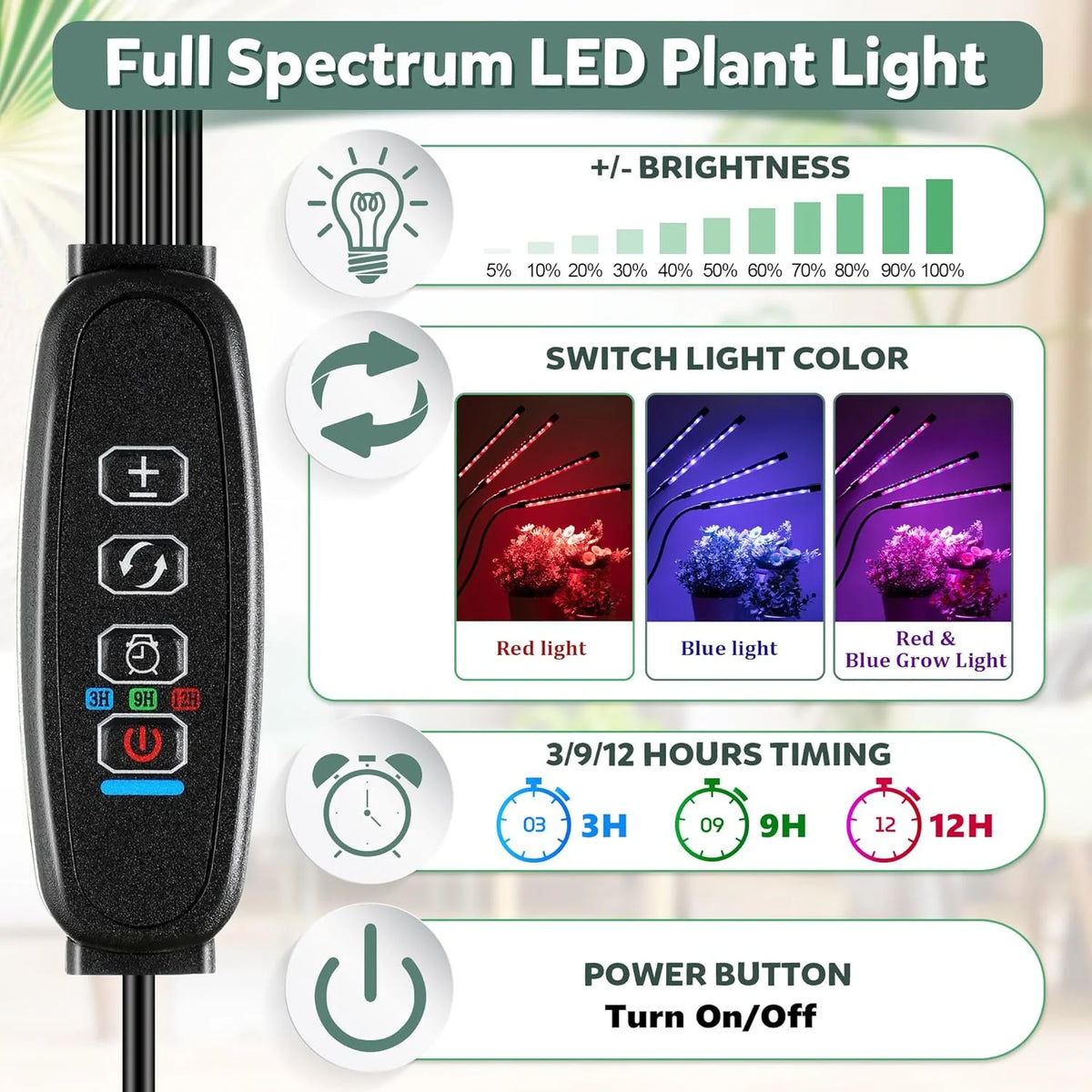 lampe led plante noire controle luminosite bouton alimentation bras flexibles clips moderne