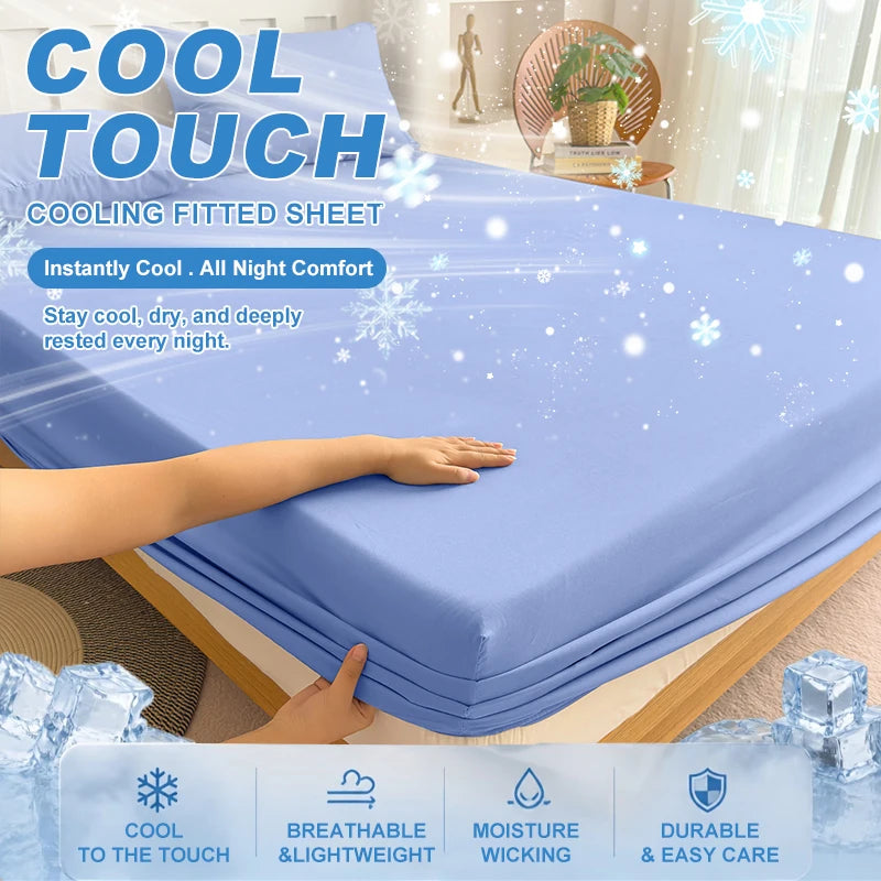 drap housse matelas soie glacée respirant frais été doux coton uni bleu gris moderne