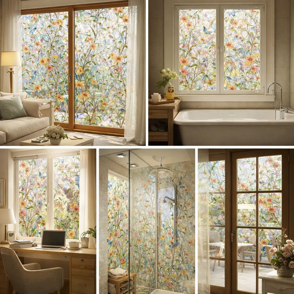 film décoratif multicolore fleurs papillons protection uv isolation thermique semi transparent moderne accroissement statique