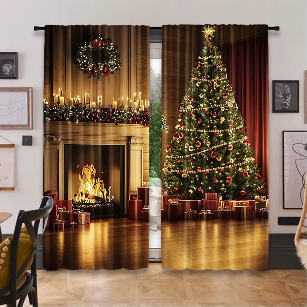 rideau noël imprimé sapin décorations hiver marron vert rouge blanc