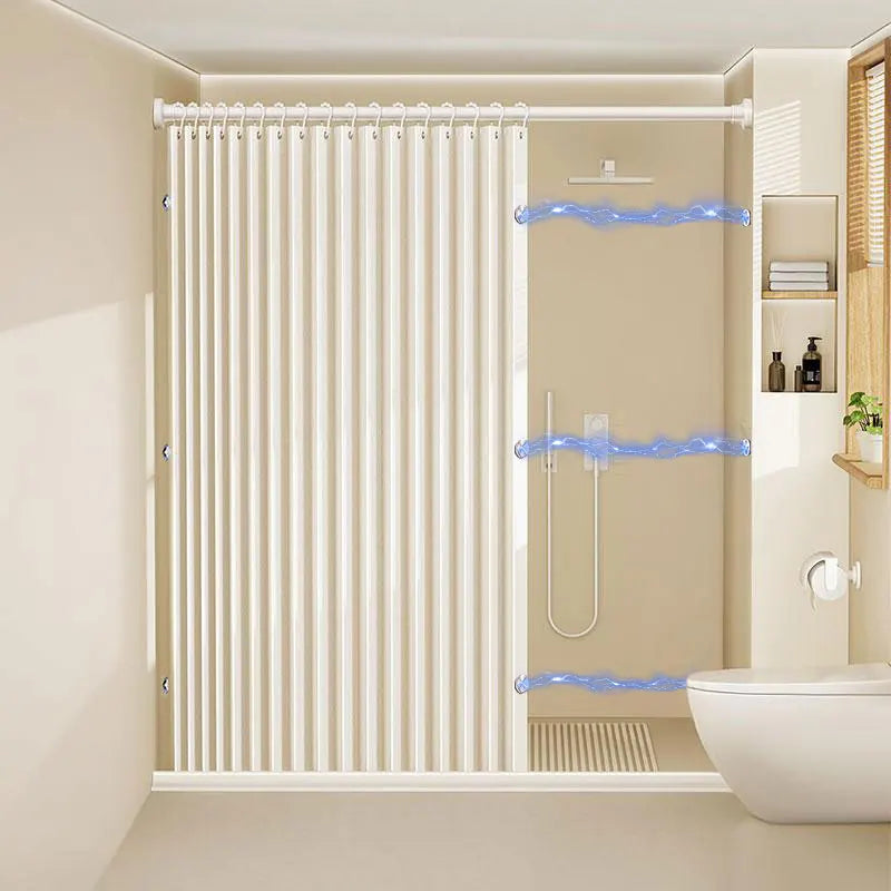 rideau douche pliable clips magnétiques beige gris bleu clair rayures verticales moderne opaquet polyester