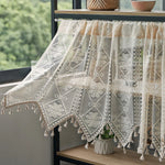 rideau vintage semi transparent brodé motifs géométriques tassellets blancs cuisine fenêtre polyester beigeclair