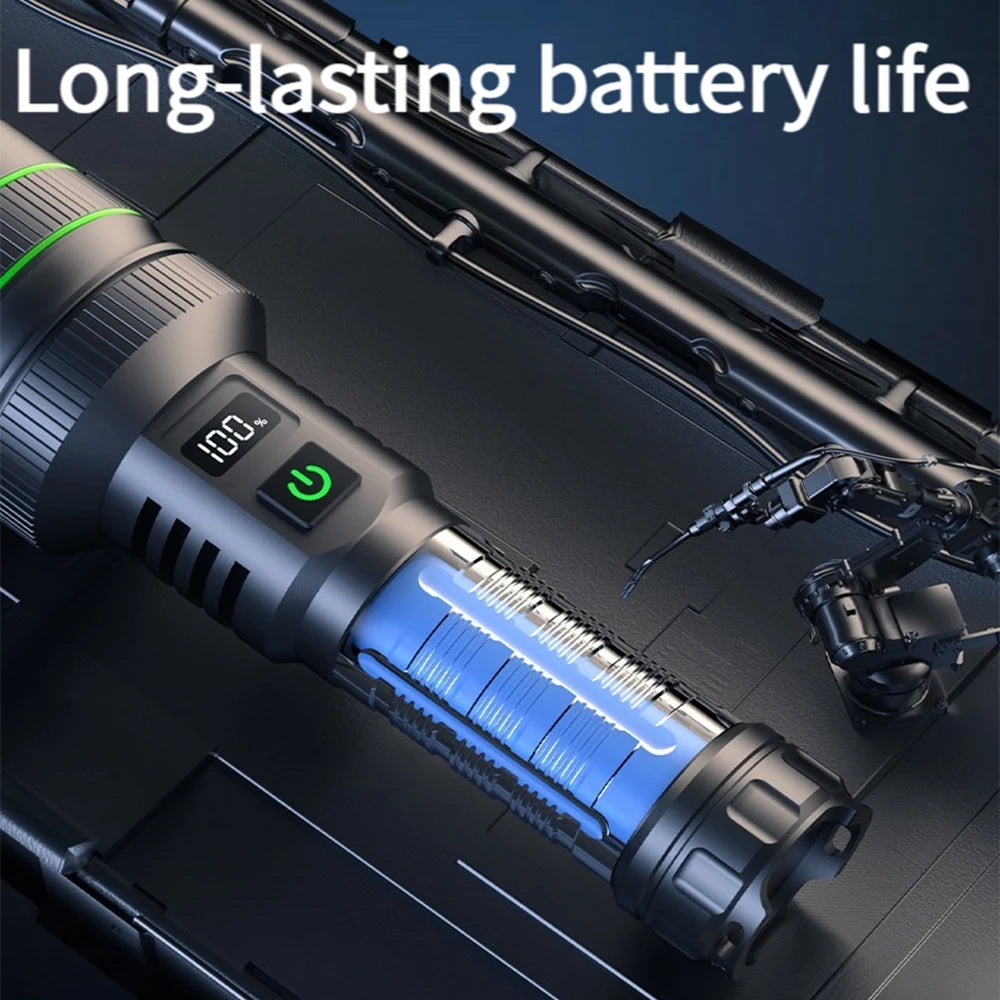 lampe torche led rechargeable zoomable camping chasse haute puissance résistante autodéfense affichage numérique cordon